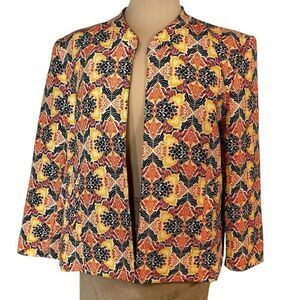 Sz L  Lavender + Honey Open Jacket Blazer Medallion Orange Red Yellow Retro Fun